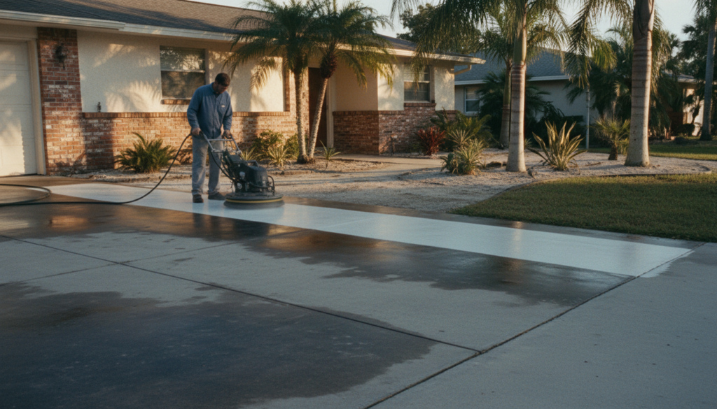 Finding Reliable Local Pressure Washing Services Near Ocala, FL 1 local pressure washing services technician cleaning a stained concrete driveway in Ocala FL