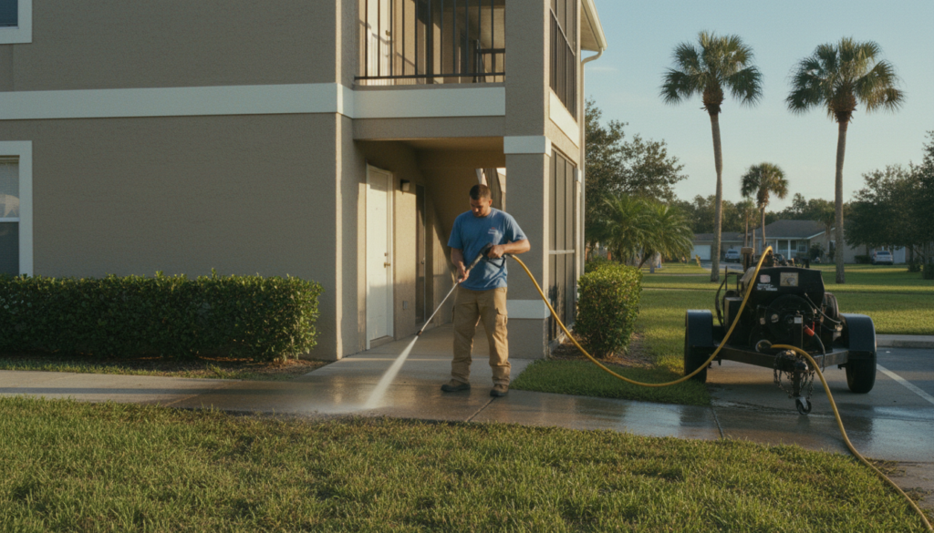 Multi Family Pressure Washing in Ocala: What Property Managers Need to Know 1 multi family pressure washing crew cleaning apartment walkway in Ocala FL