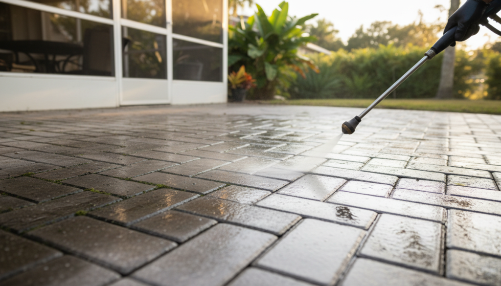 Finding Reliable Local Pressure Washing Services Near Ocala, FL 2 patio pressure washing before and after on a paver patio near Belleview FL