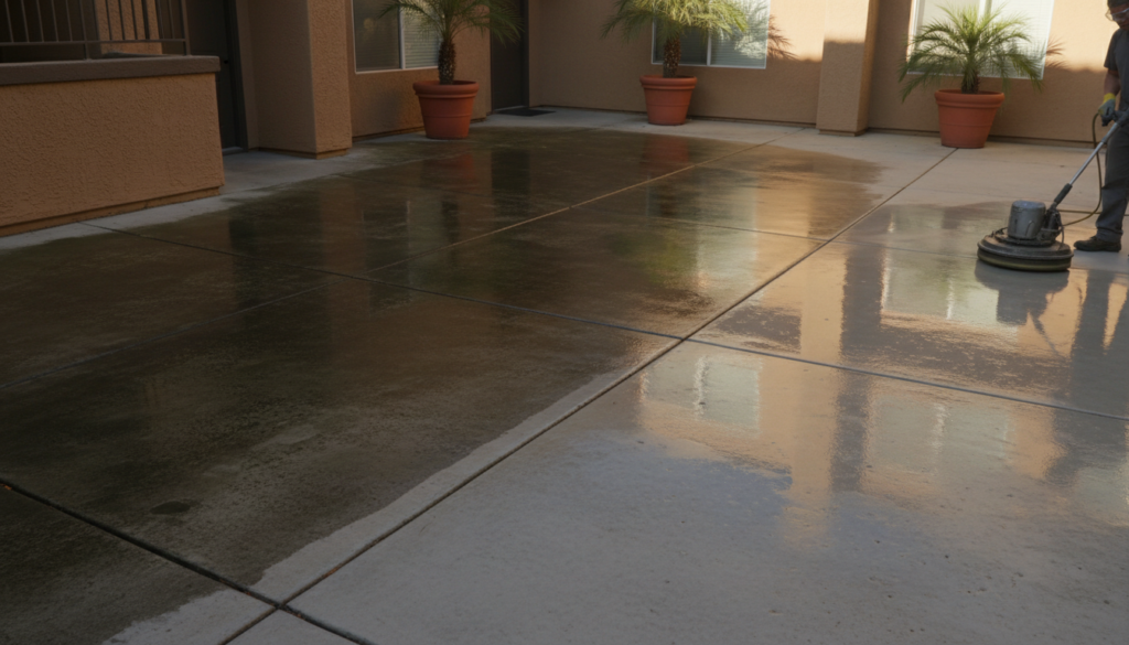 Multi Family Pressure Washing in Ocala: What Property Managers Need to Know 2 patio pressure washing before and after on Ocala apartment courtyard