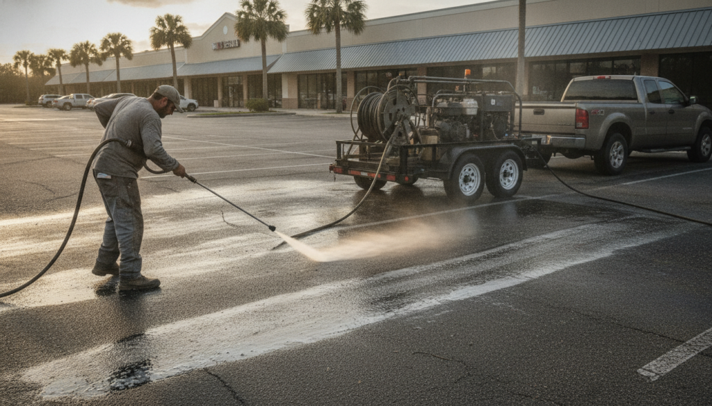 pressure washing crew prepping an outdoor parking lot before striping in Ocala