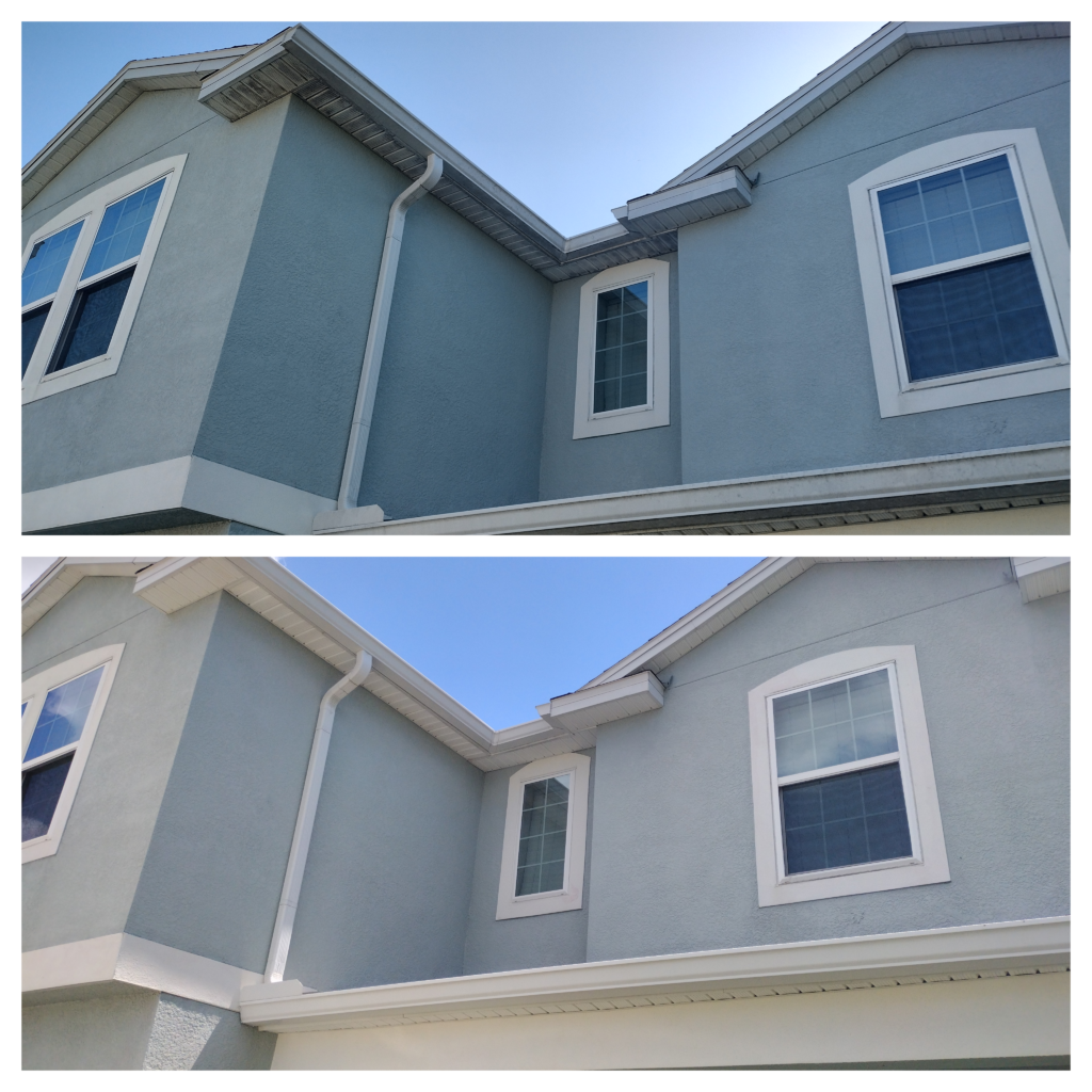 technician performing low-pressure house washing services on a stucco home in Ocala FL