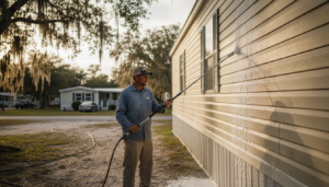 technician performing mobile home softwashing on a double-wide exterior in Ocala